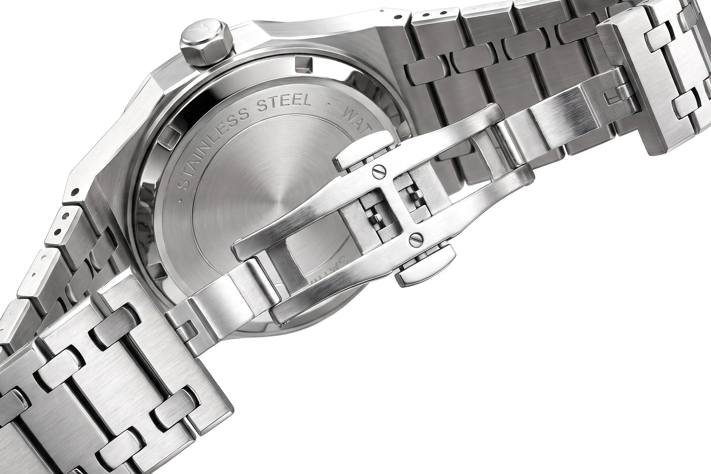 Image of William Corbier RIDGE men's steel watch, stainless steel case back and butterfly clasp
