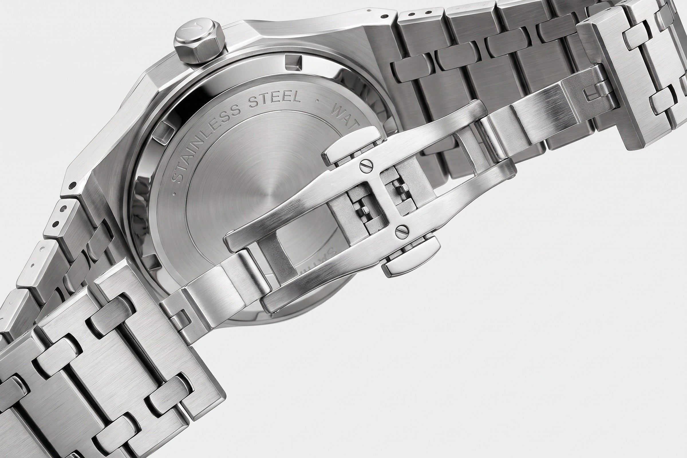 Image of William Corbier RIDGE men's steel watch, open butterfly clasp and stainless steel case back
