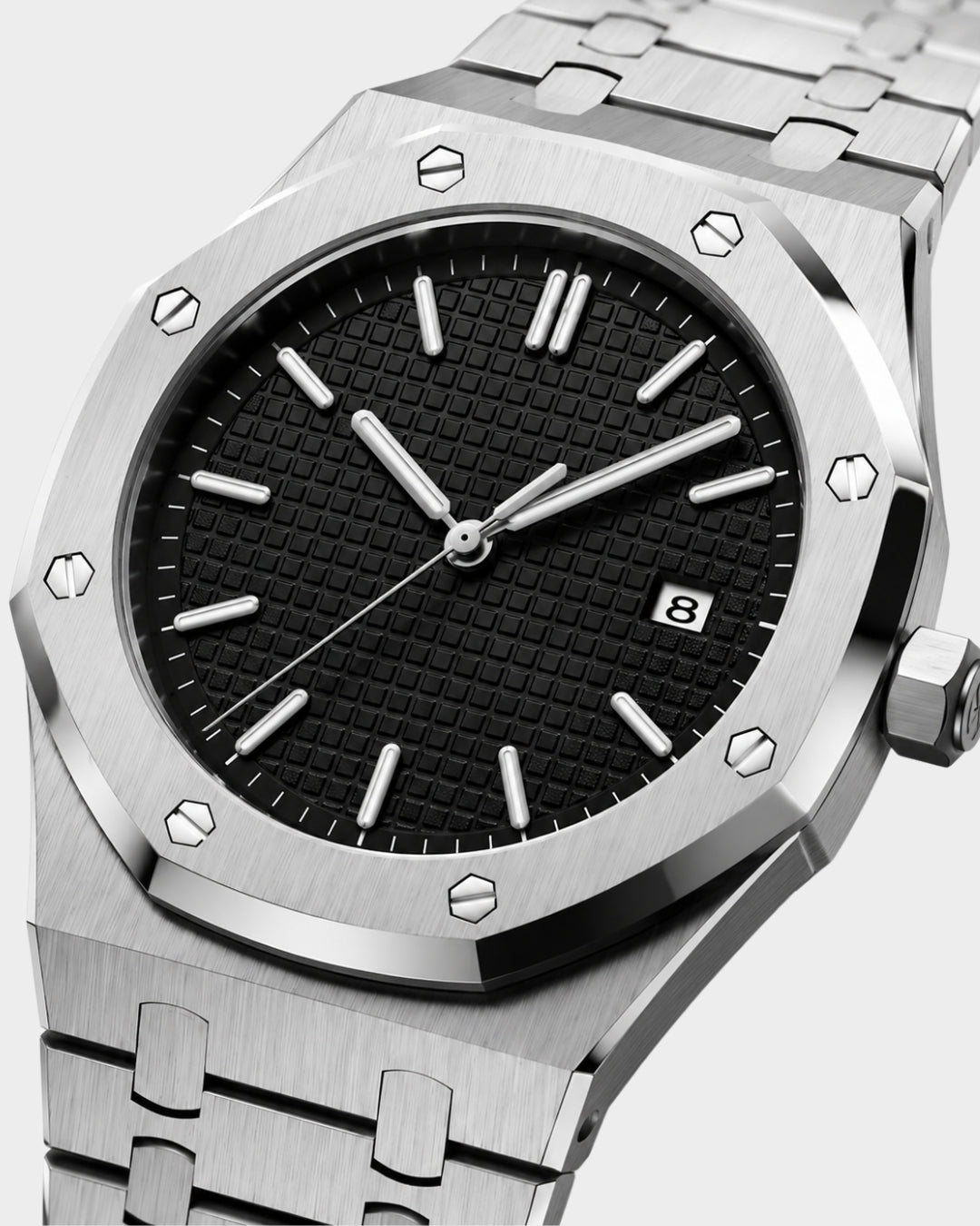 William Corbier RIDGE Obsidian men's black dial steel watch, close-up of the dial
