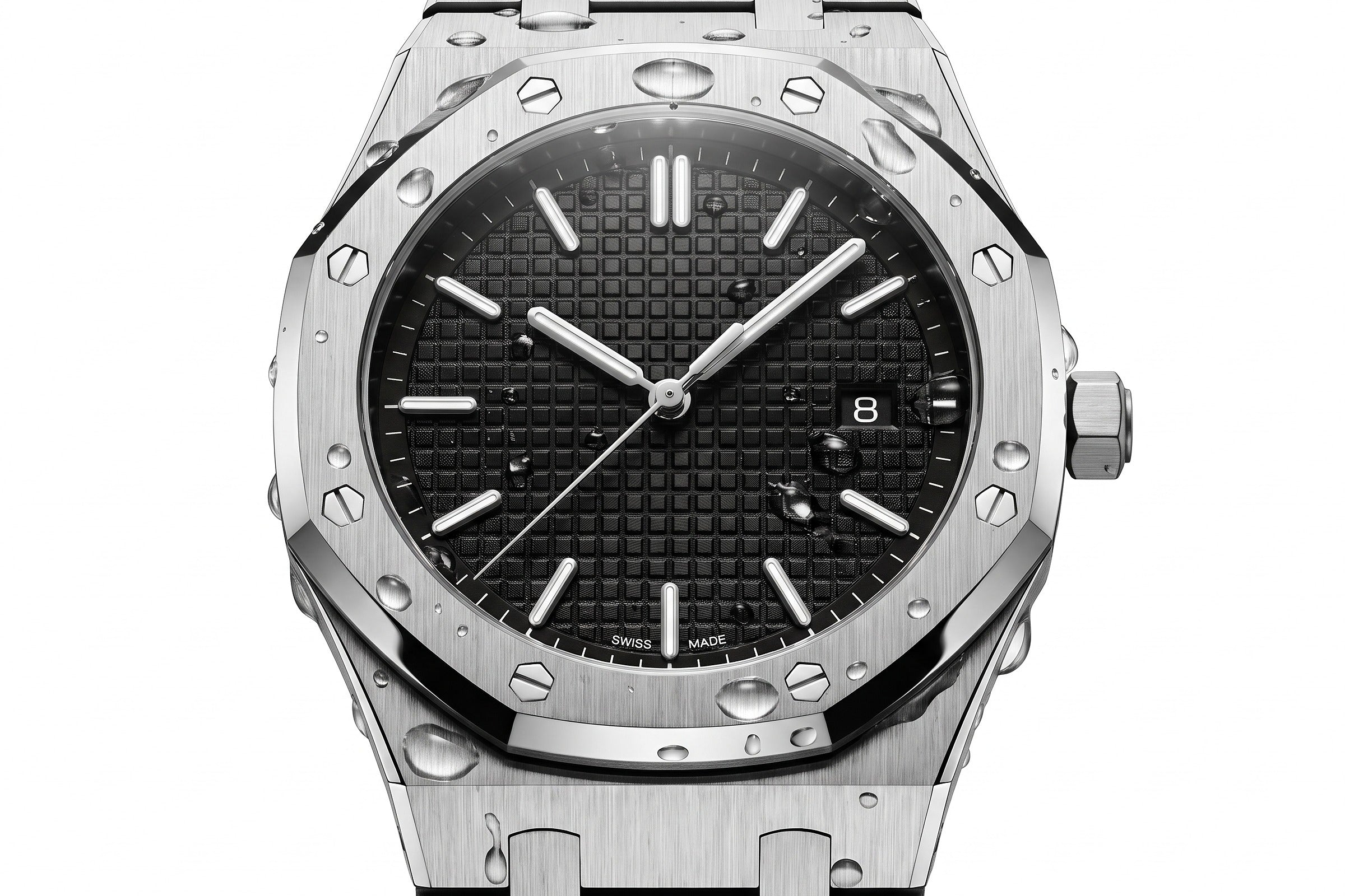 Image of William Corbier RIDGE Obsidian men's black dial steel watch with water droplets on the case
