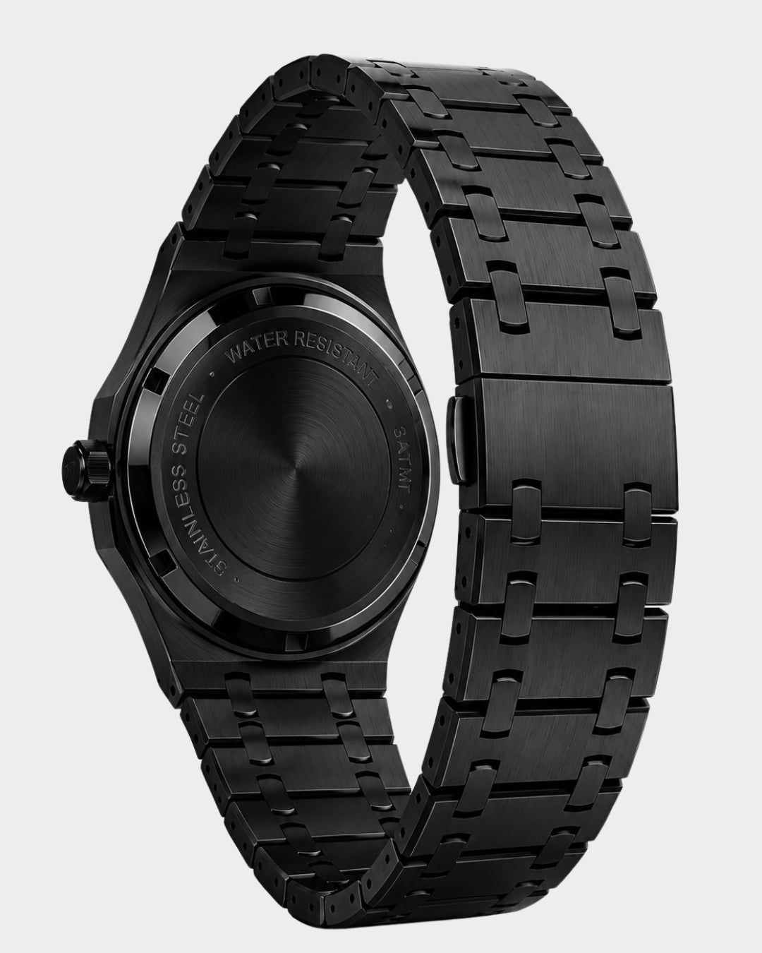 Image of William Corbier RIDGE Onyx men's black dial steel watch, case back and bracelet clasp