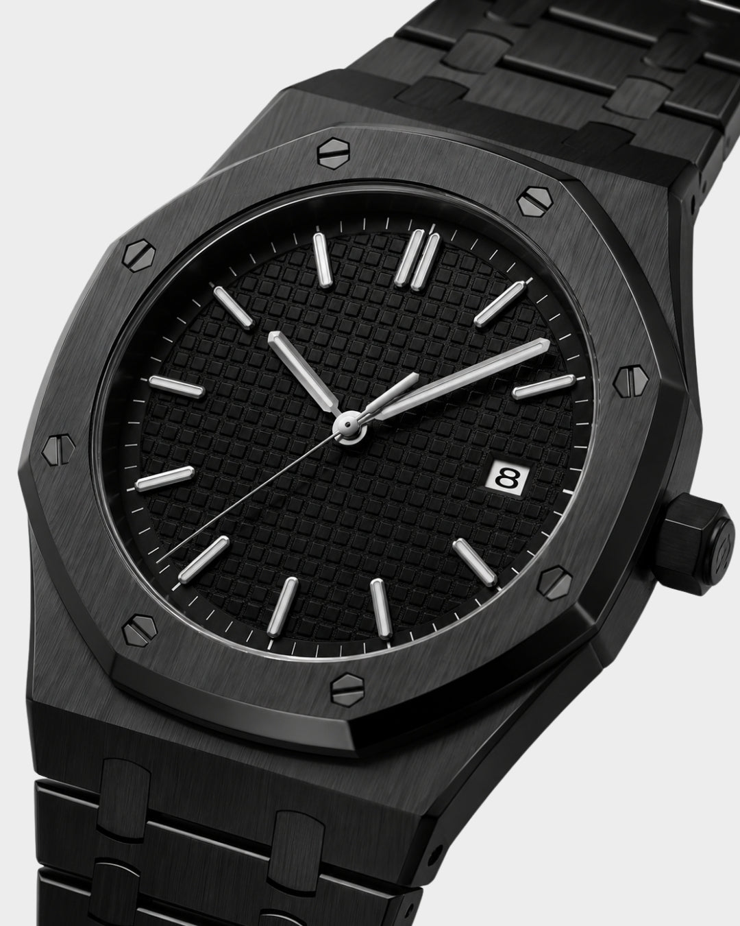 Image of William Corbier RIDGE Onyx men's black dial steel watch, close-up of the dial