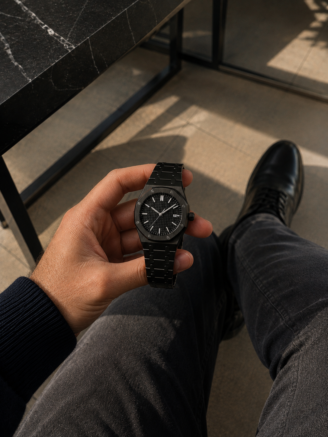 Image of William Corbier RIDGE Onyx men's black dial steel watch, held in both hands while seated