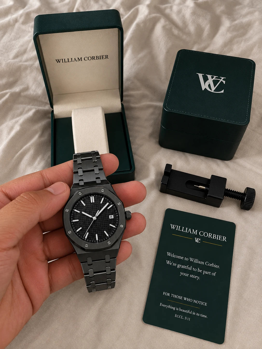 Image of William Corbier RIDGE Onyx men's black dial steel watch, with the gift box, warranty card and sizing tool