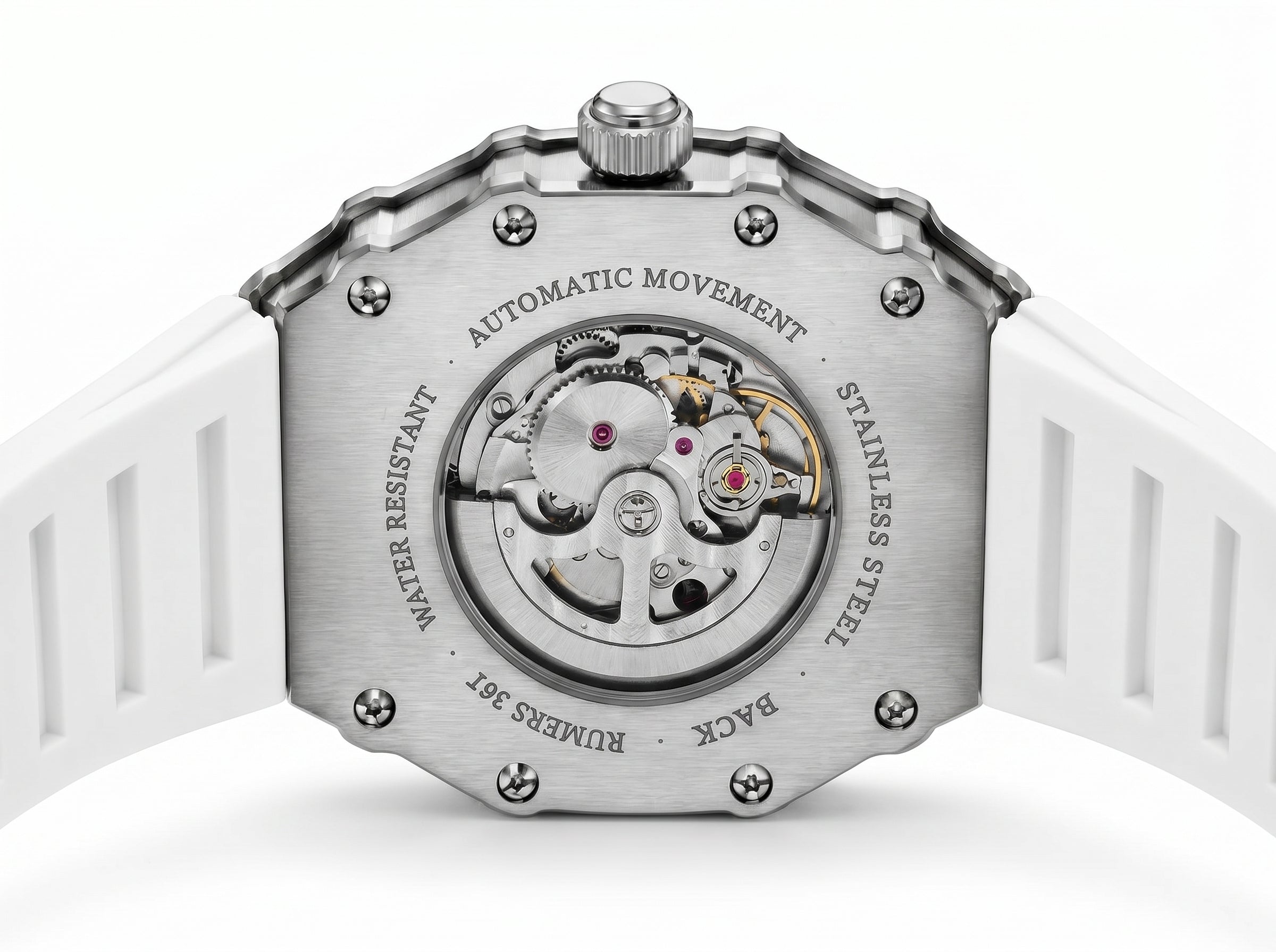 Image of William Corbier SURGE Alpine men's automatic skeleton watch with a white strap, case back showing the automatic movement