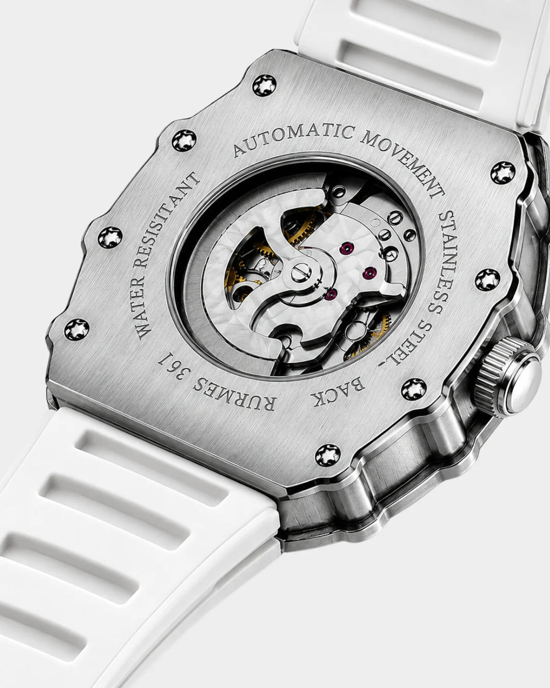 Image of William Corbier SURGE Alpine men's automatic skeleton watch, case back with the automatic movement visible