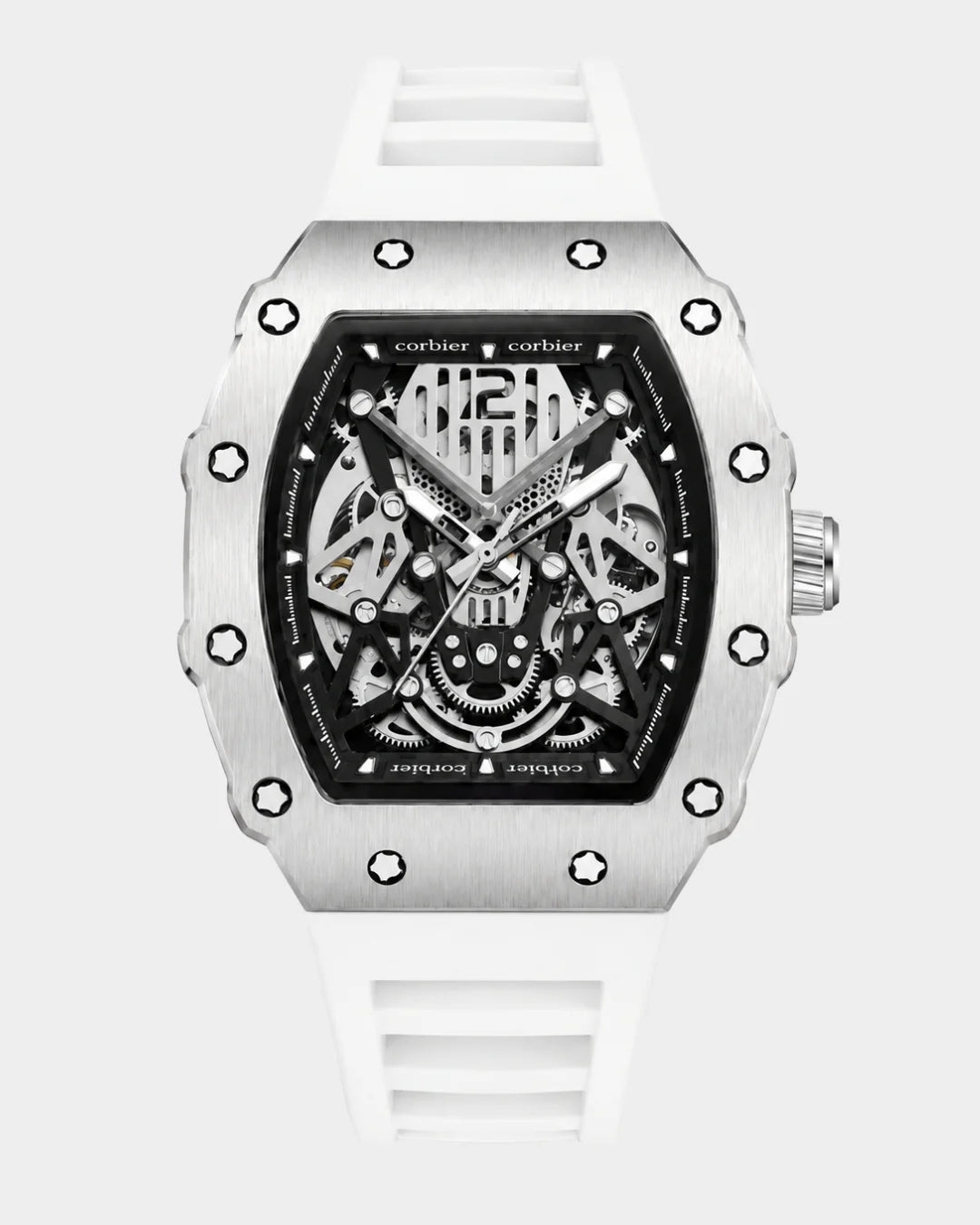 William Corbier SURGE Alpine men's automatic skeleton watch with a white strap, front view