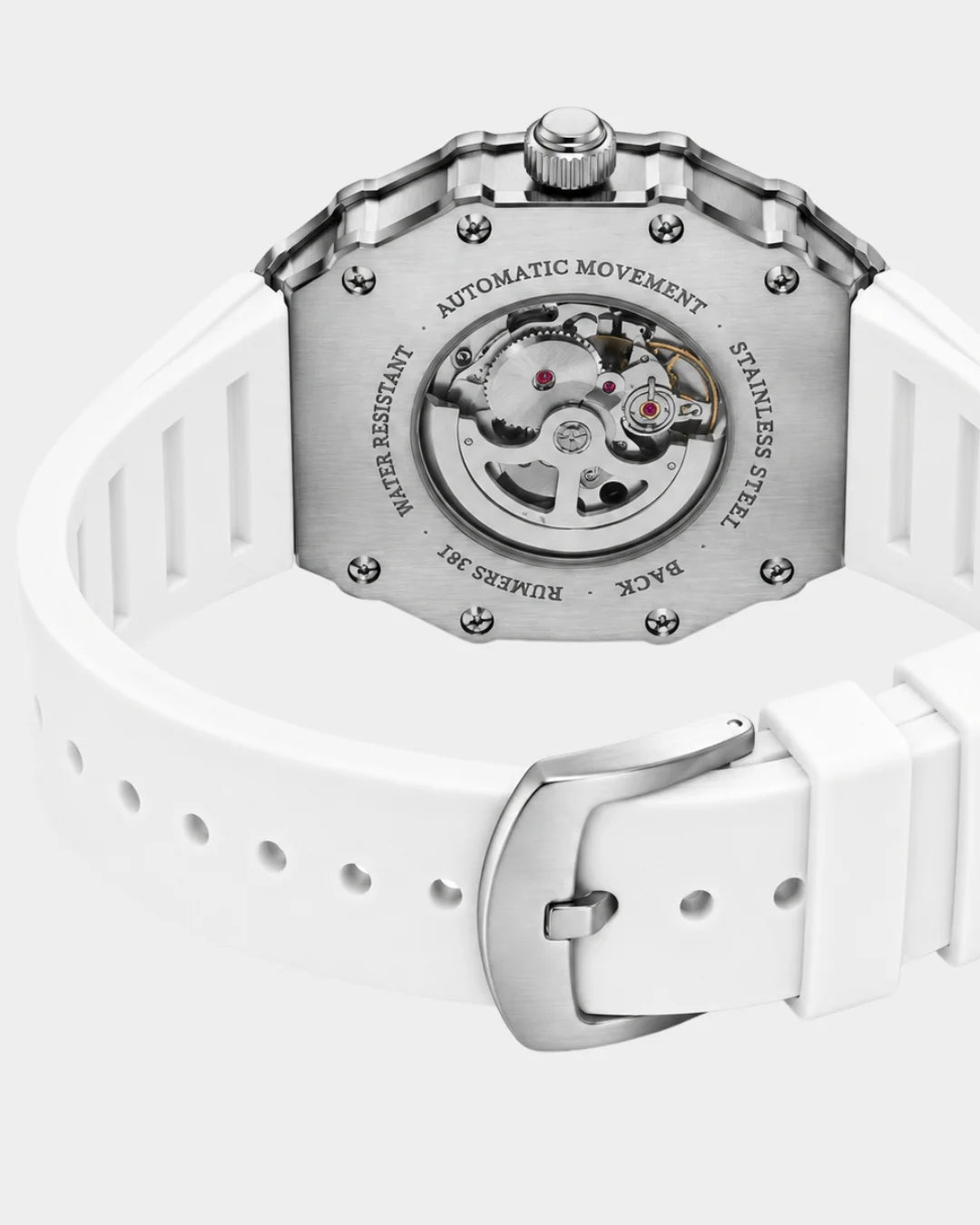 William Corbier SURGE Alpine men's automatic skeleton watch, rear view showing the case back and strap buckle