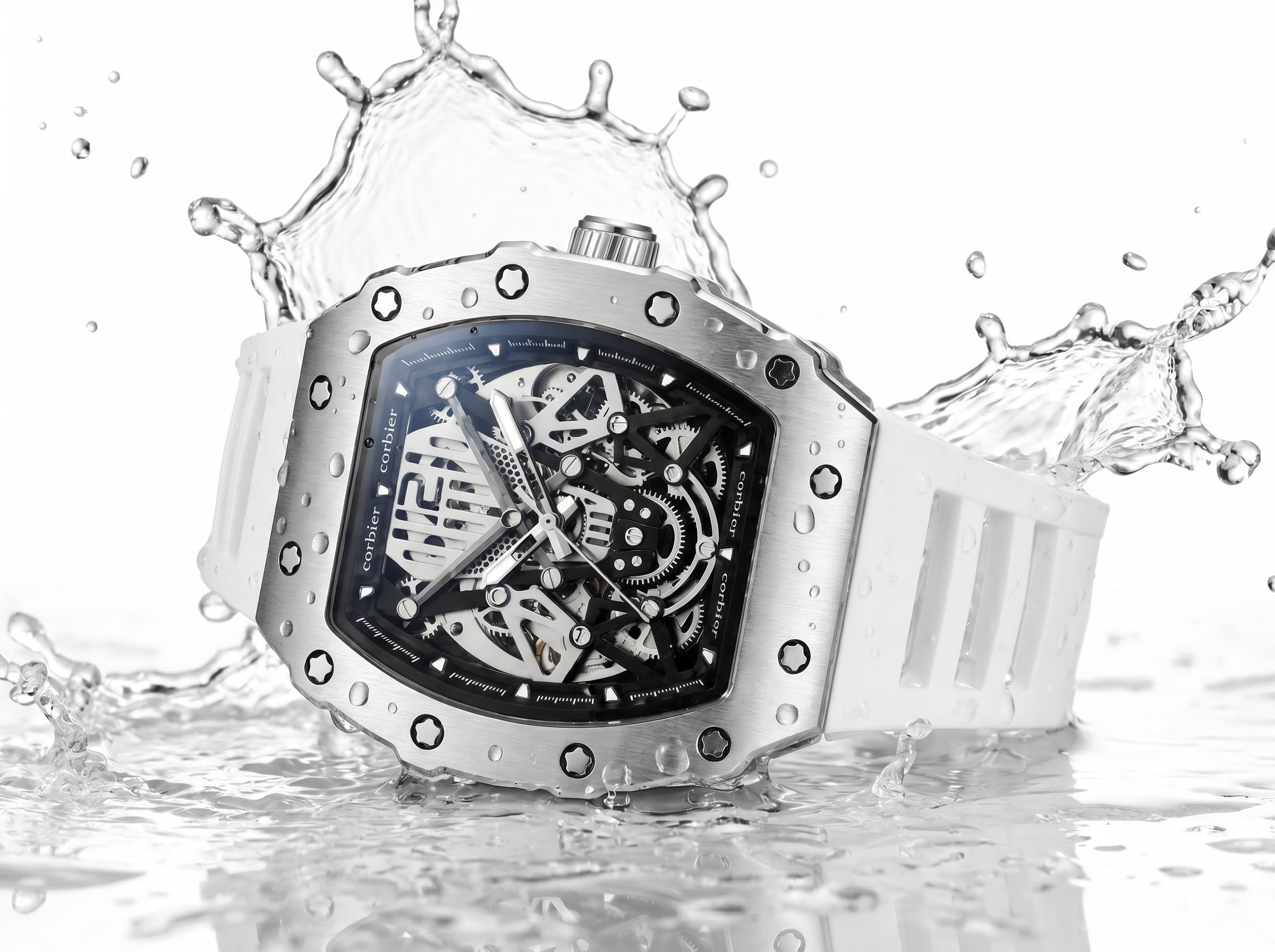 Image of William Corbier SURGE Alpine men's automatic skeleton watch with a white strap surrounded by splashing water