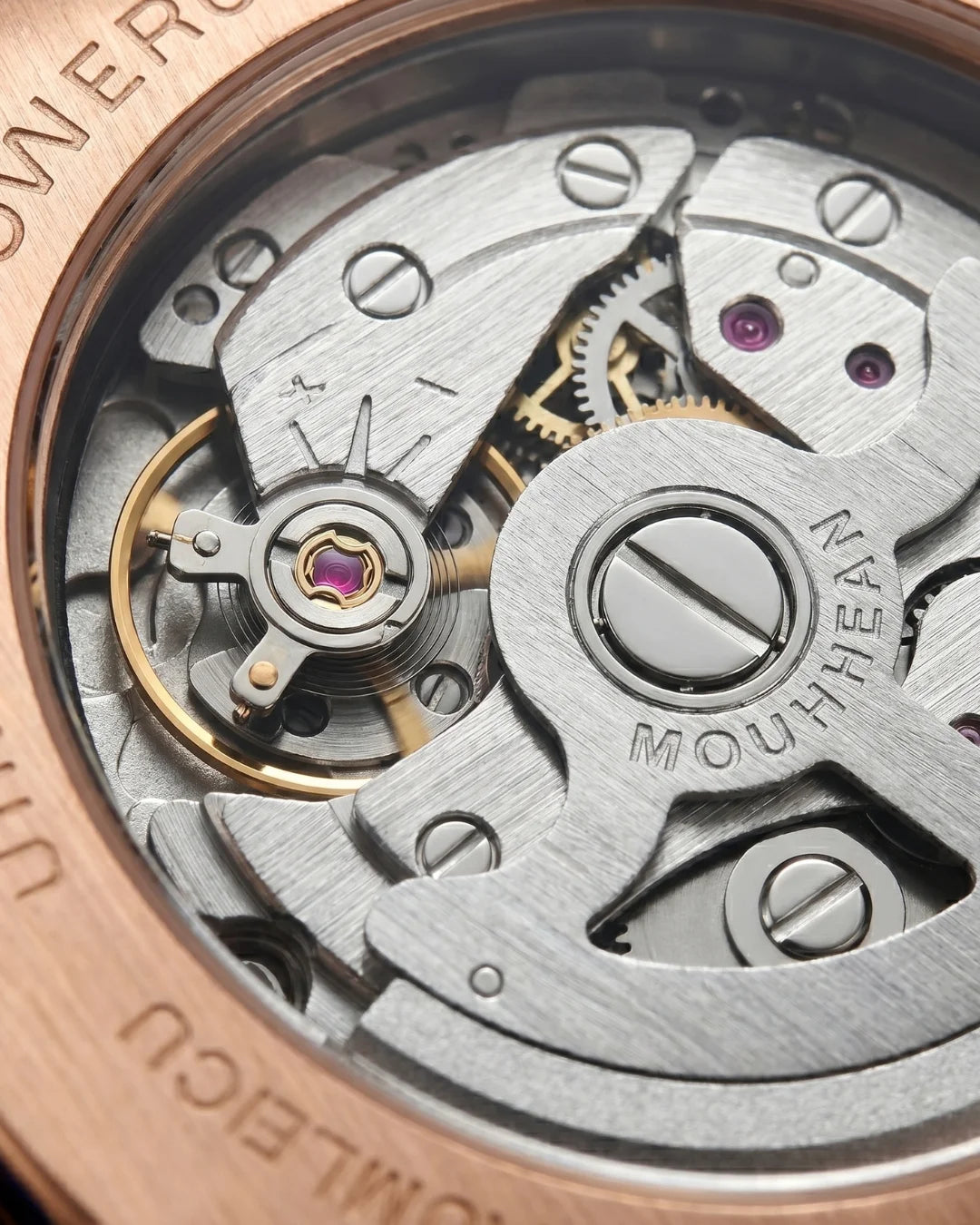 William Corbier SURGE Atlantic men's automatic skeleton watch, close-up of the automatic movement