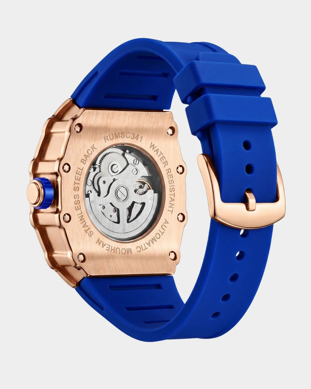 William Corbier SURGE Atlantic men's automatic skeleton watch, rear view showing the case back and strap buckle