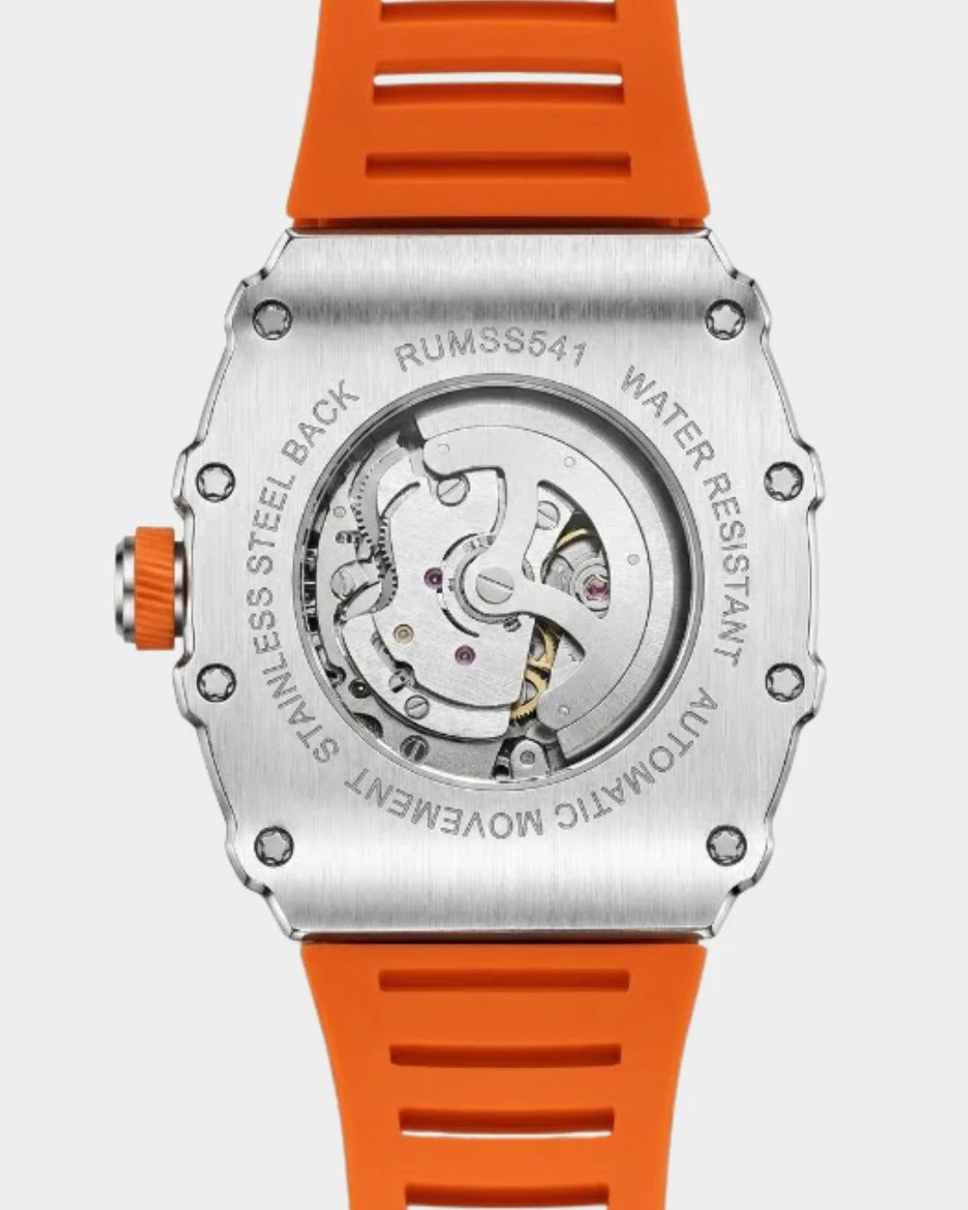 Image of William Corbier SURGE Ember men's automatic skeleton watch, case back with the automatic movement visible