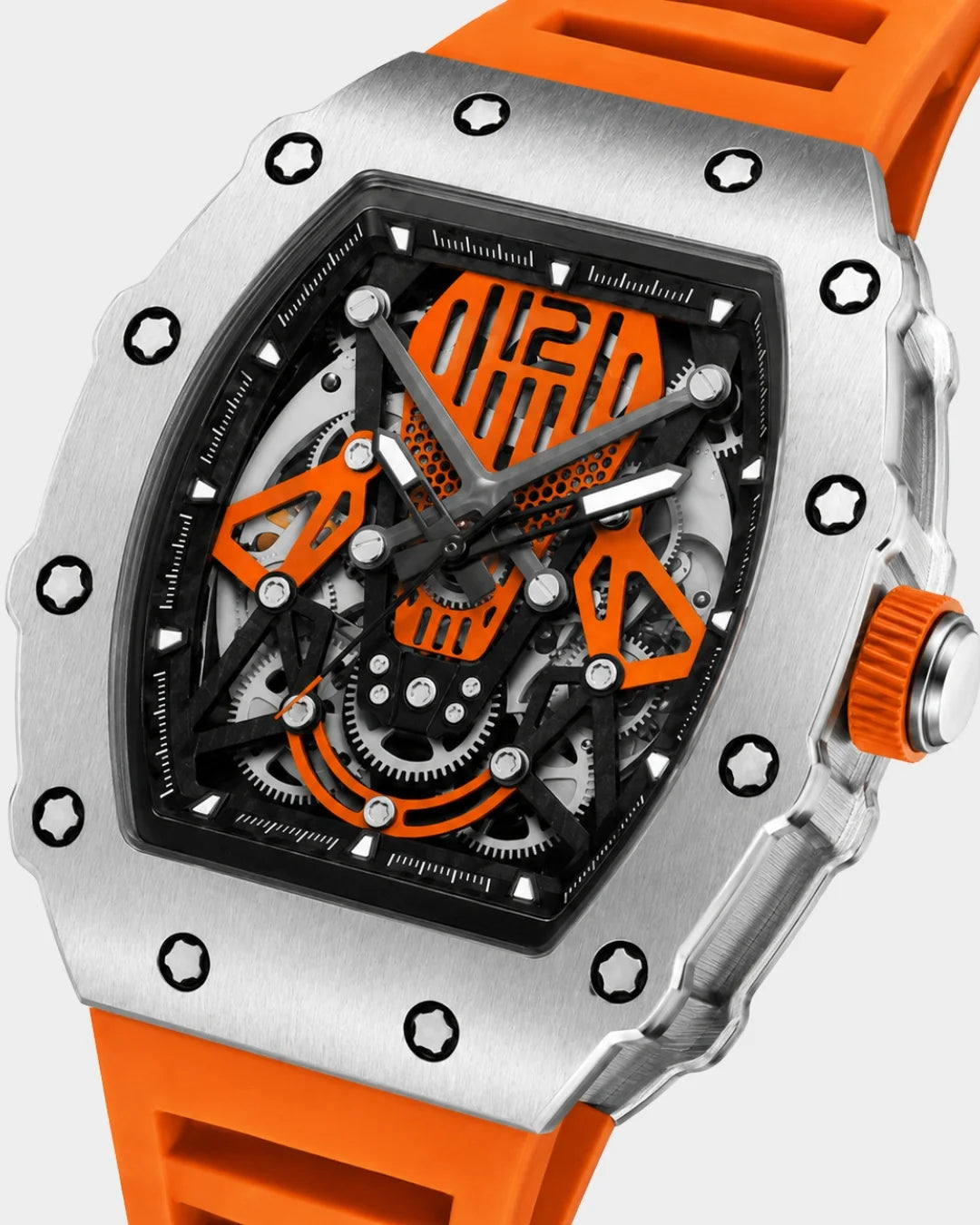 Image of William Corbier SURGE Ember men's automatic skeleton watch, close-up of the dial