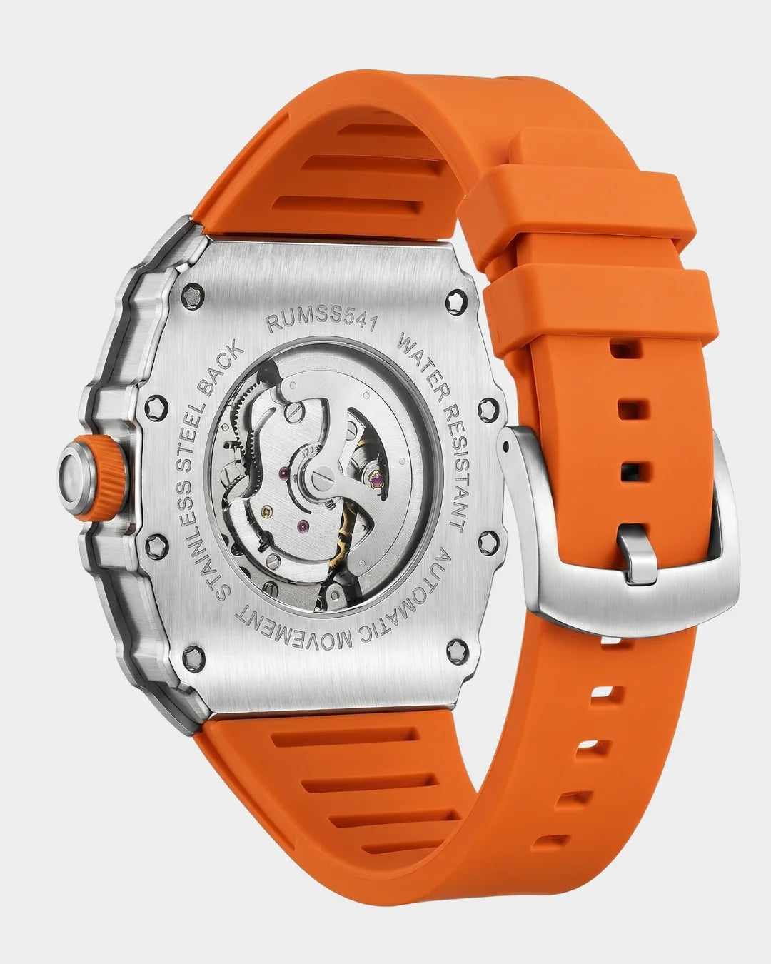 Image of William Corbier SURGE Ember men's automatic skeleton watch, rear view showing the case back and strap buckle