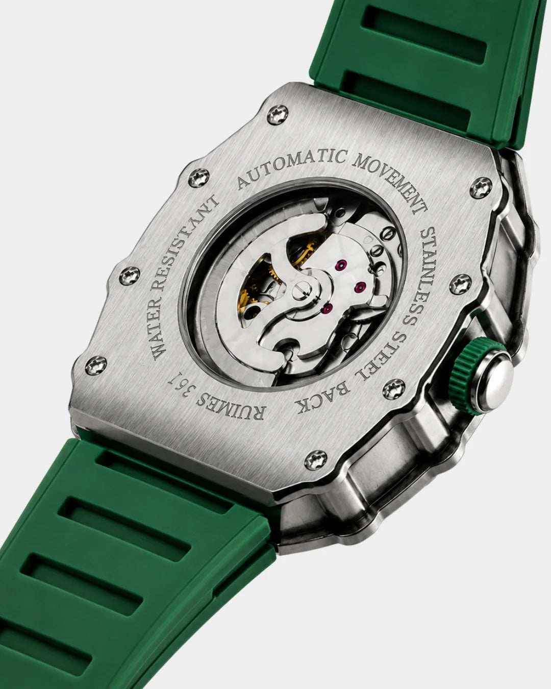 Image of William Corbier SURGE Emerald men's automatic skeleton watch, case back with the automatic movement visible