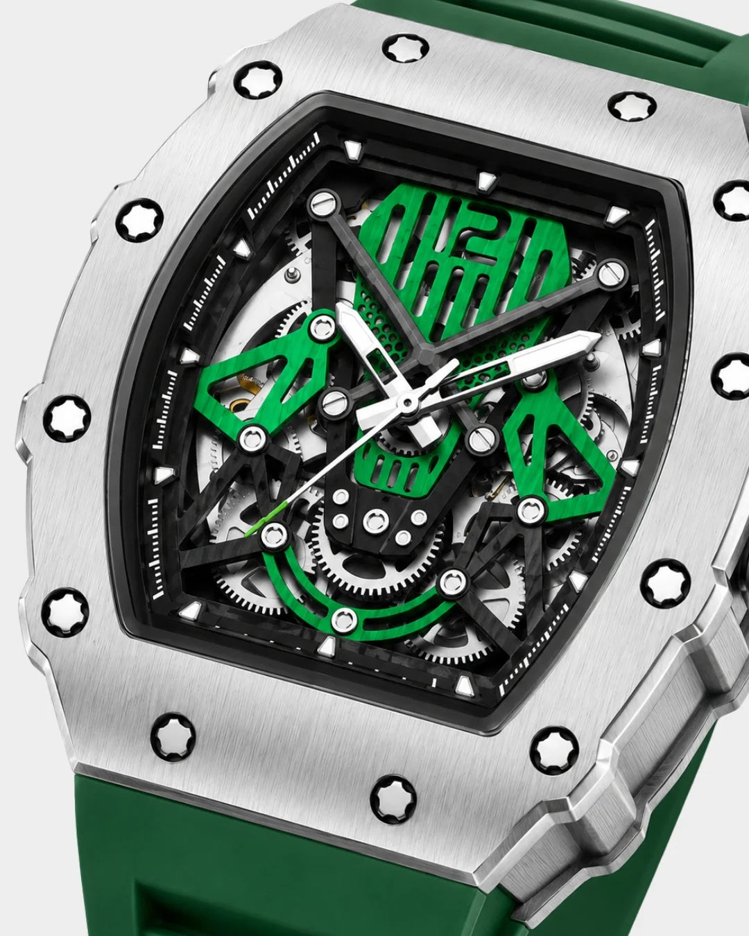 Image of William Corbier SURGE Emerald men's automatic skeleton watch, close-up of the dial