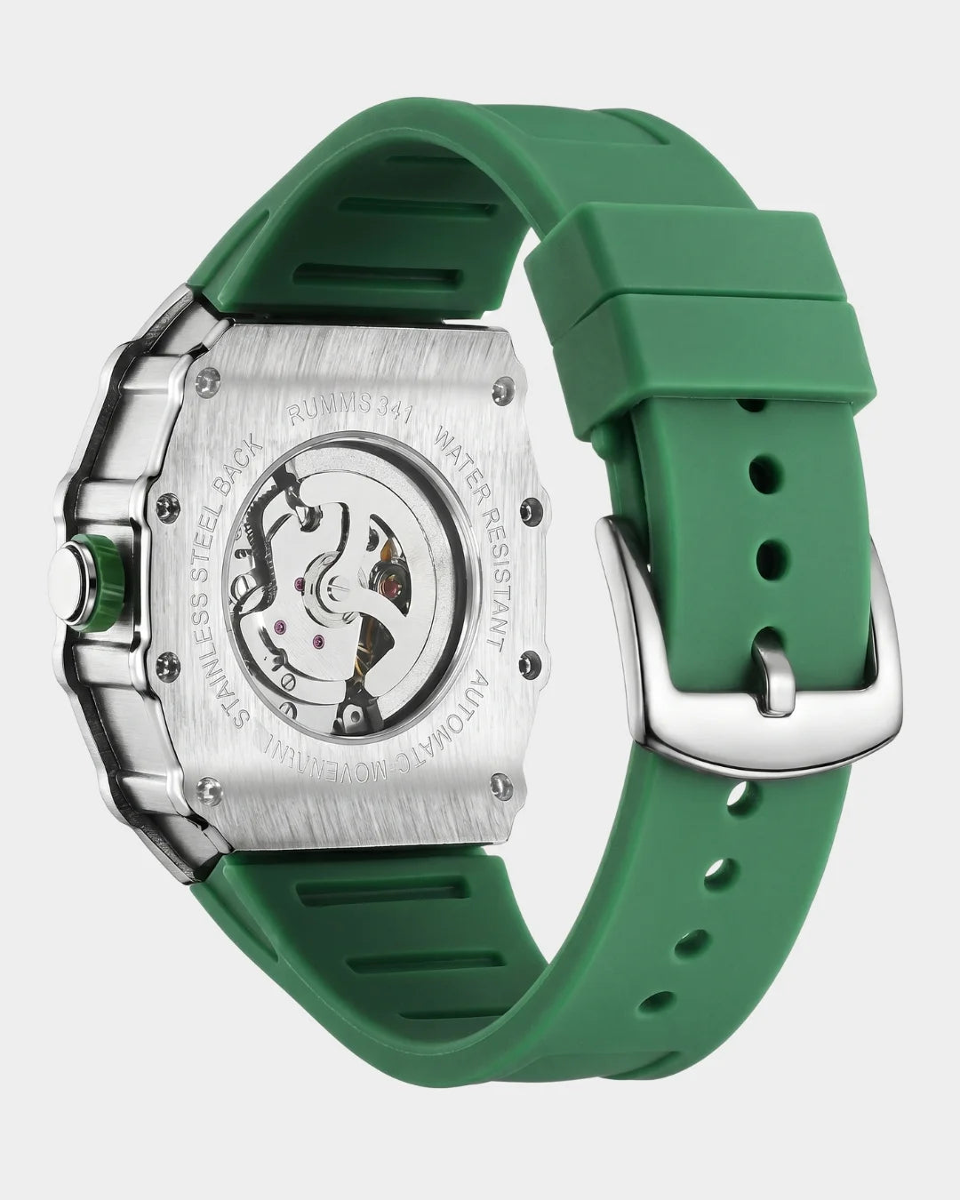 William Corbier SURGE Emerald men's automatic skeleton watch, rear view showing the case back and strap buckle