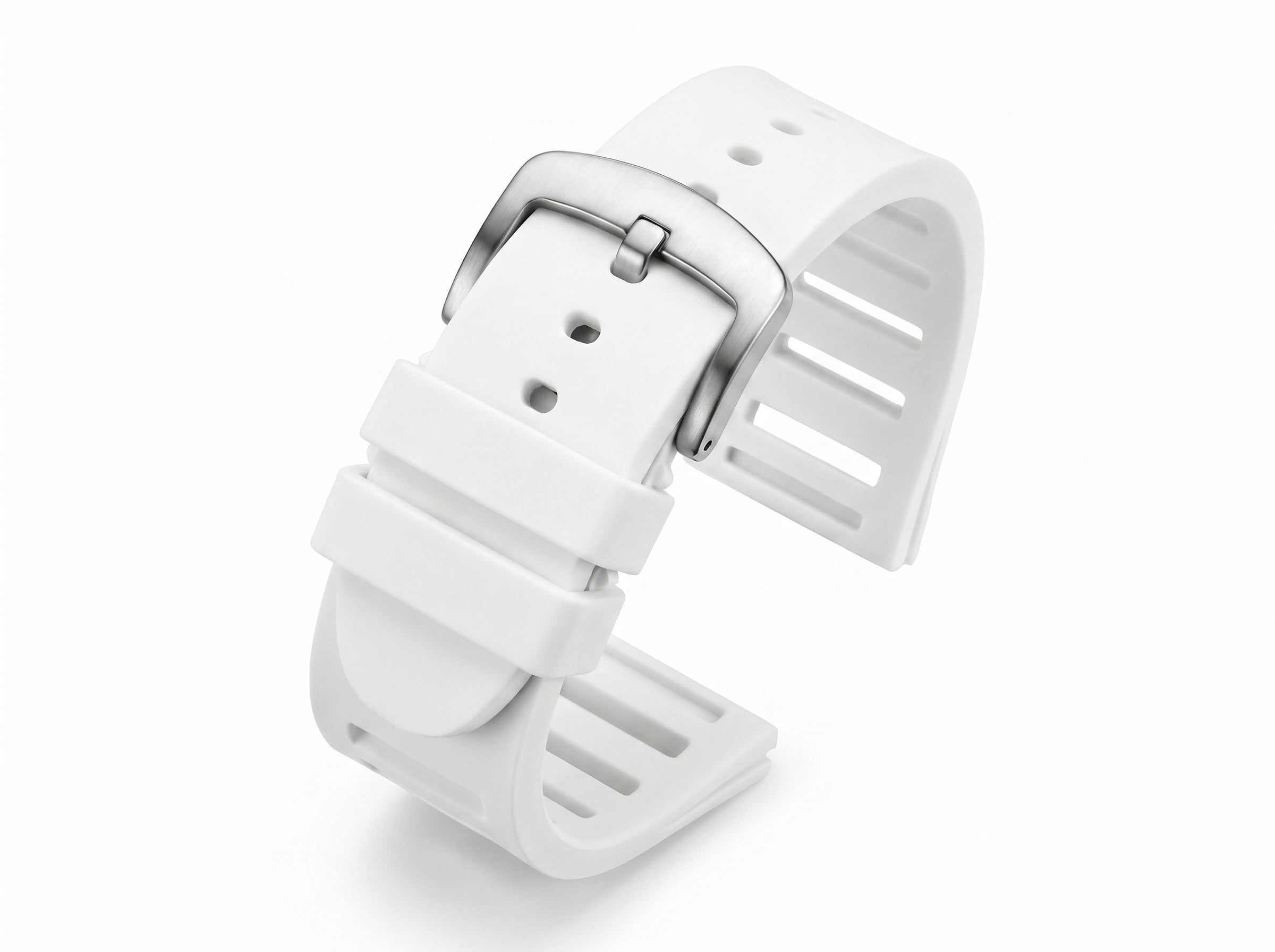 Image of White rubber watch strap with a brushed silver buckle